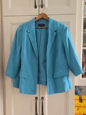 Talbots Bright Turquoise Open-Front Linen-Blend Blazer, Size 16wp